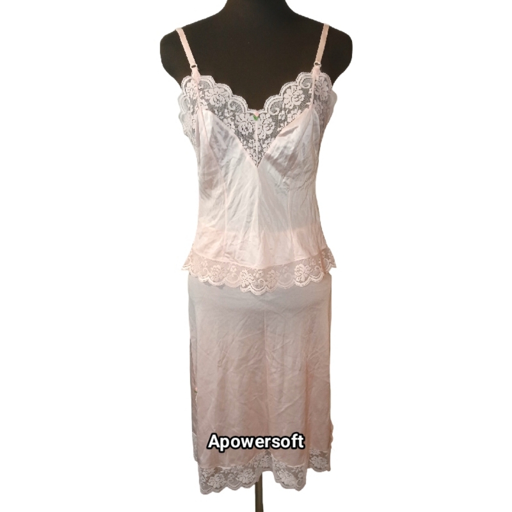 Vintage Fantasia Blush Satin Lace Slip Set Size Small